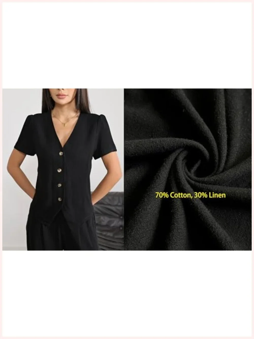 Women's Linen 2 Piece Outfit V Neck Short Sleeve Button Down Top Wide Leg Pant